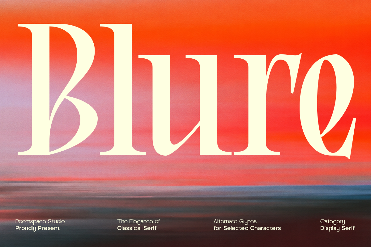 Serif font display with cream letters on gradient sunset background transitioning from orange to pink to blue