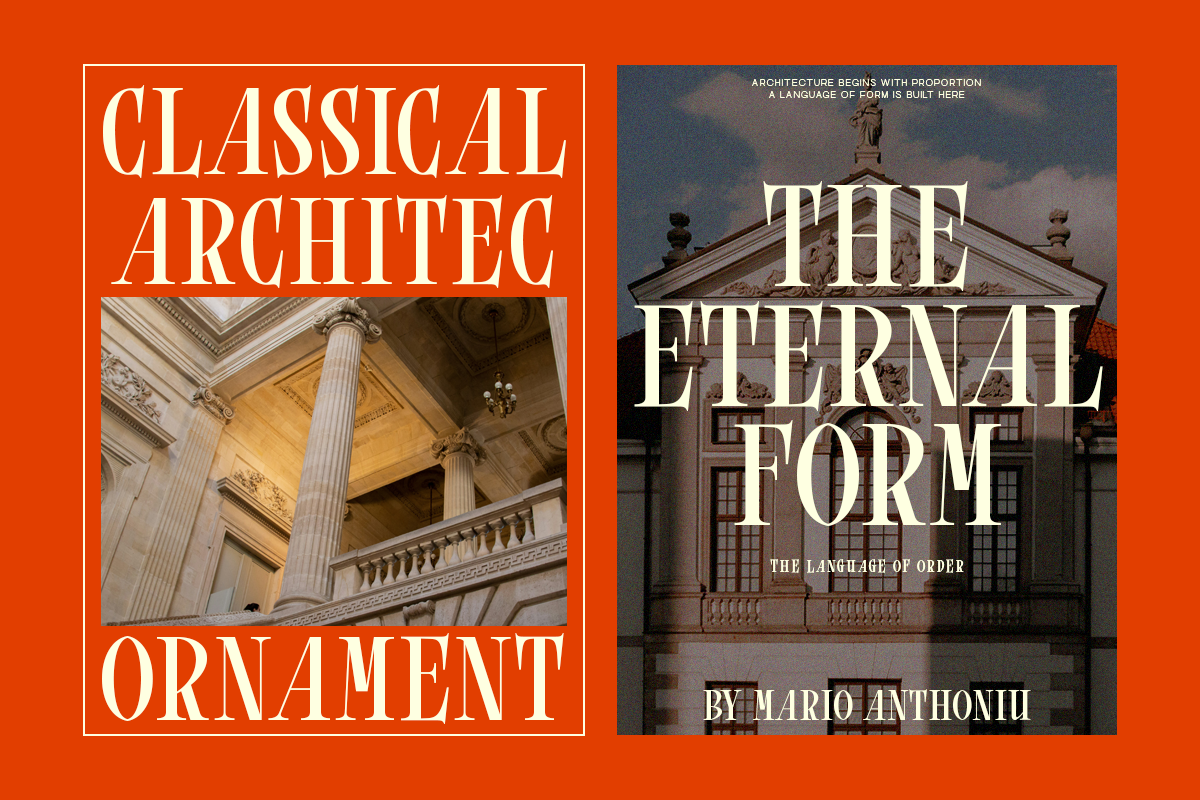 Classical architecture book covers with ornate columns, neoclassical building facade, serif typography on bright orange background