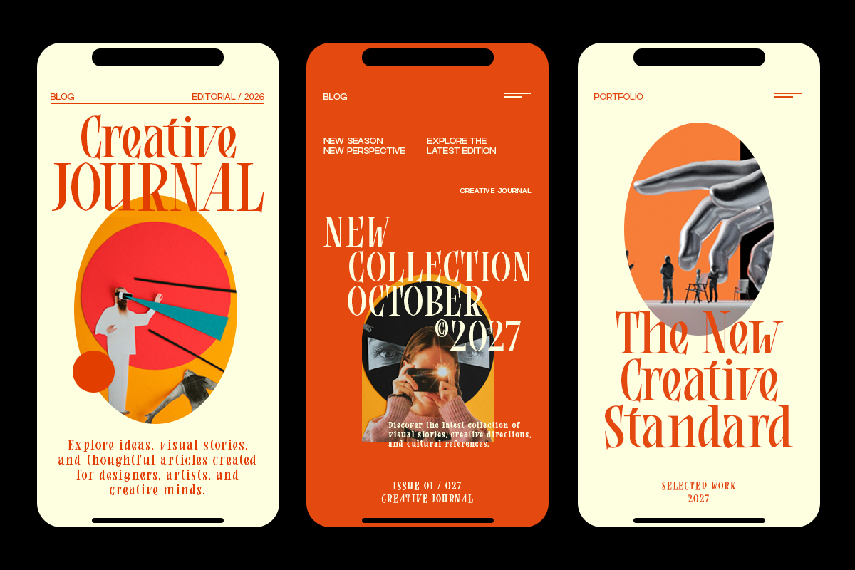Three mobile phone mockups showcasing bold editorial design layouts in red, orange with geometric shapes, typography