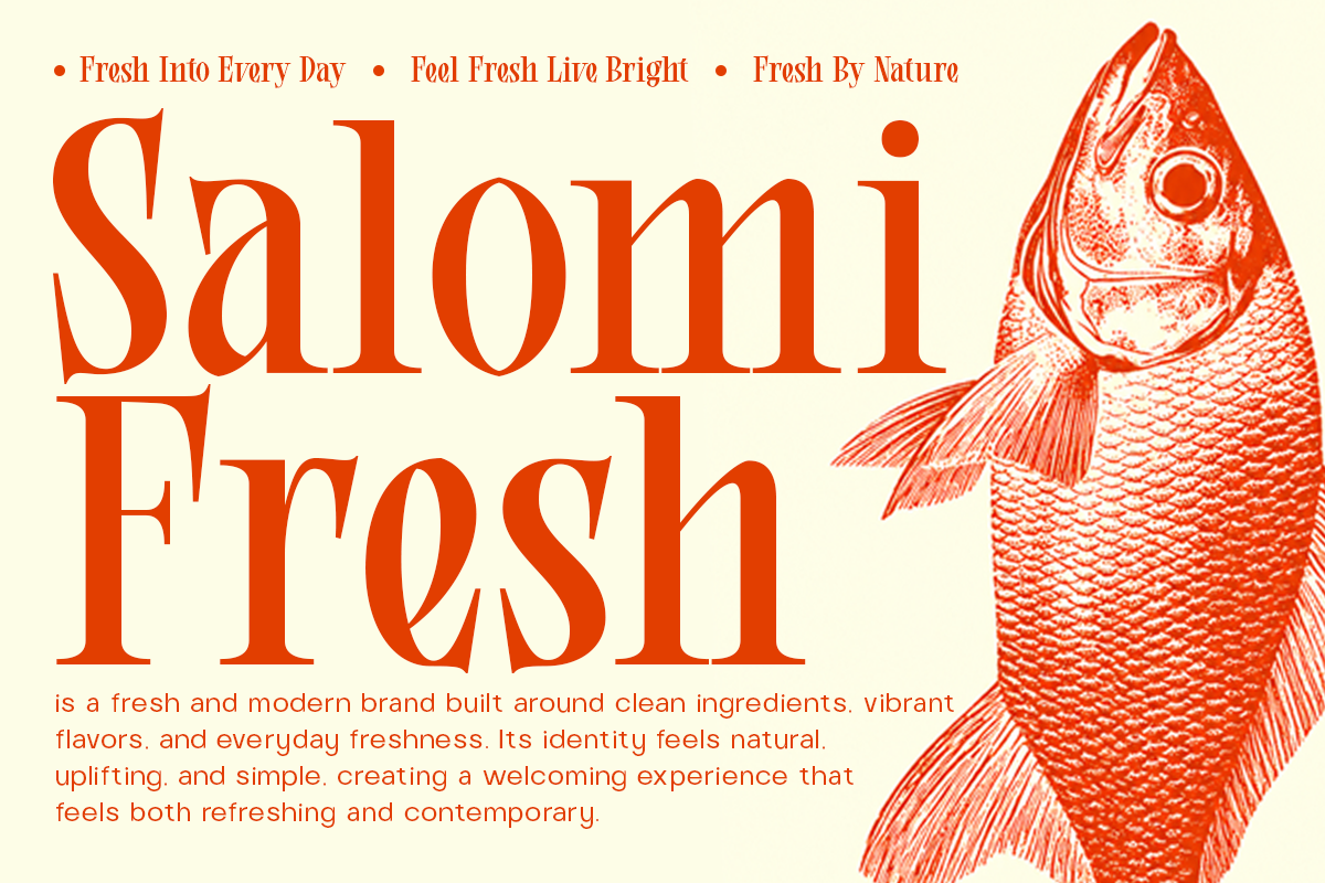Salmon Fresh brand identity with serif typography, taglines, fish illustration on cream background