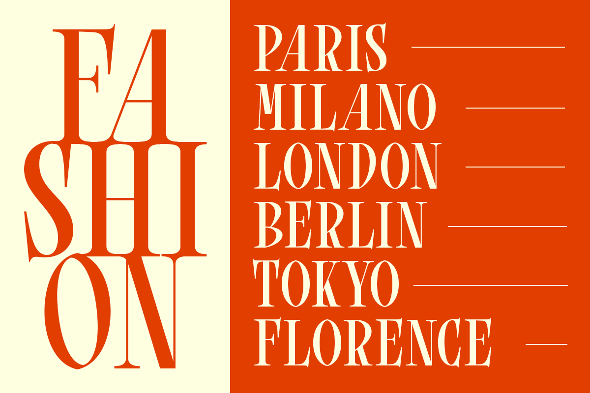 Fashion poster with bold serif type listing European cities on vibrant orange