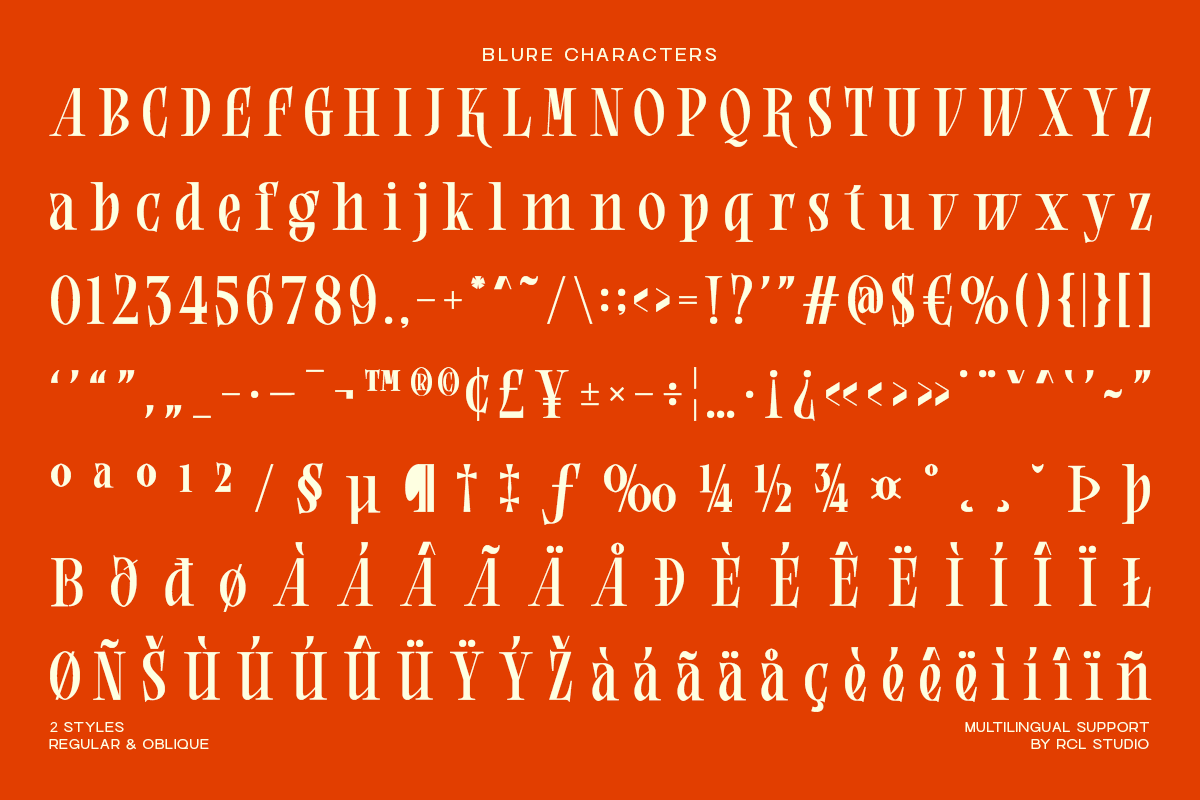 Blure serif font character set on bright orange background showing uppercase, lowercase, numbers, symbols, multilingual accents
