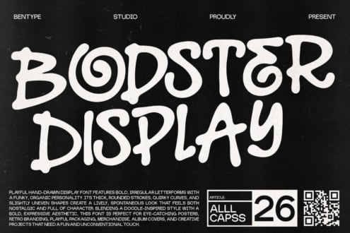 Bold hand-drawn display font with wonky organic letterforms, retro vibes, playful character