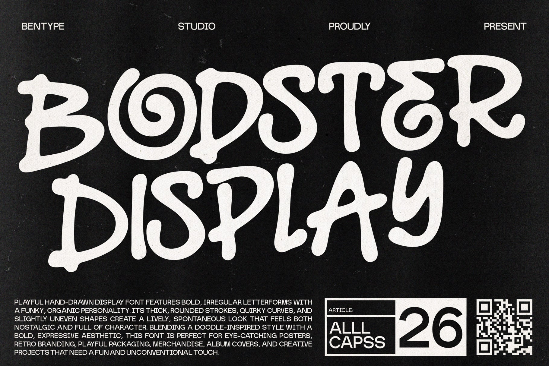 Bold hand-drawn display font with wonky organic letterforms, retro vibes, playful character