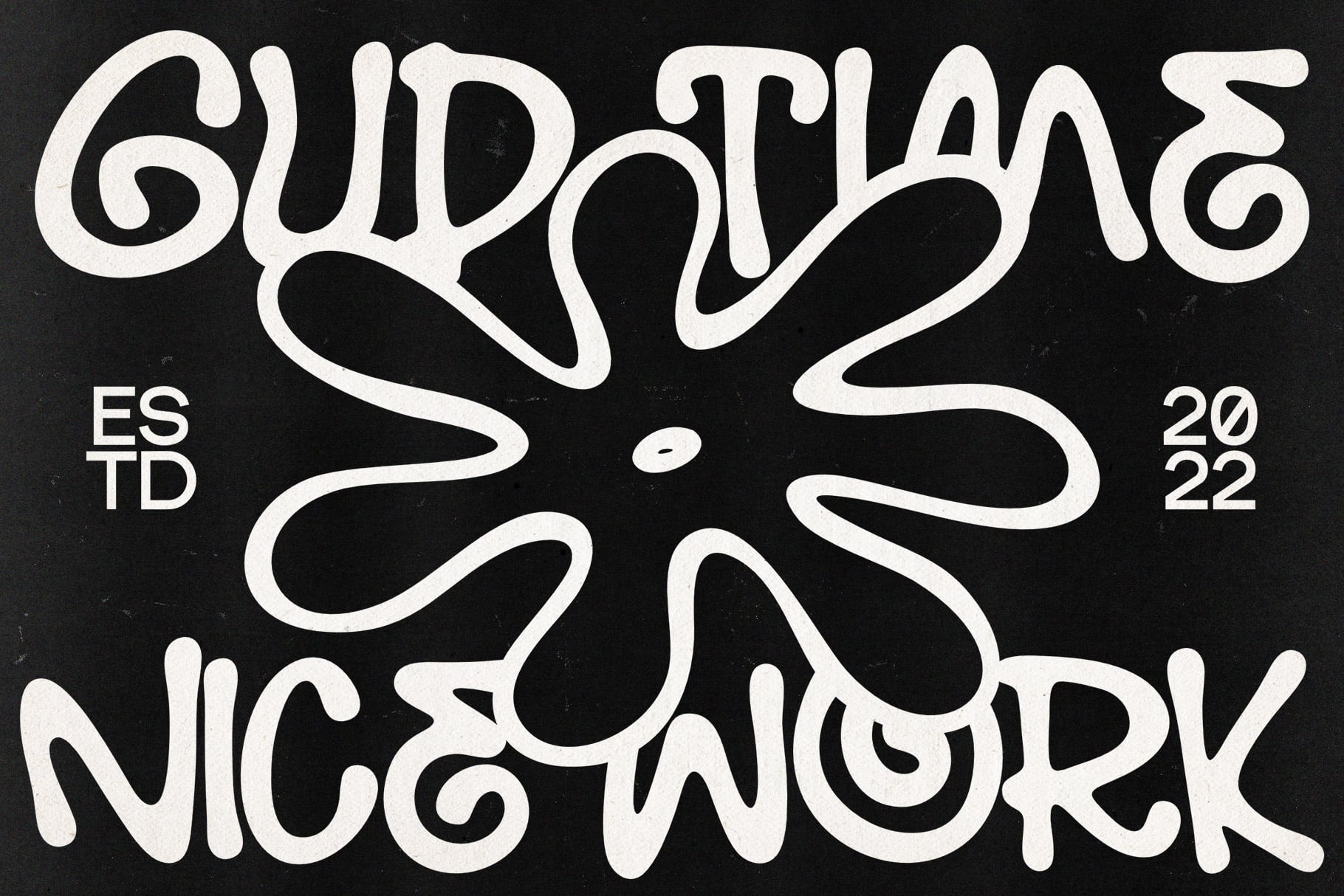 Groovy wavy font with cream letters on black, "Gudotlane" header with "ESTD 2022 New York" text below