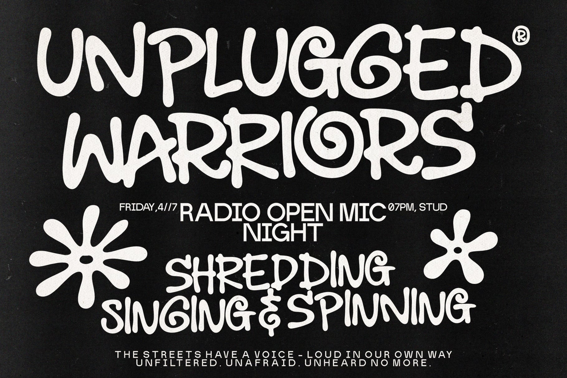 Unplugged Warriors radio open mic night poster with chunky retro lettering on black background