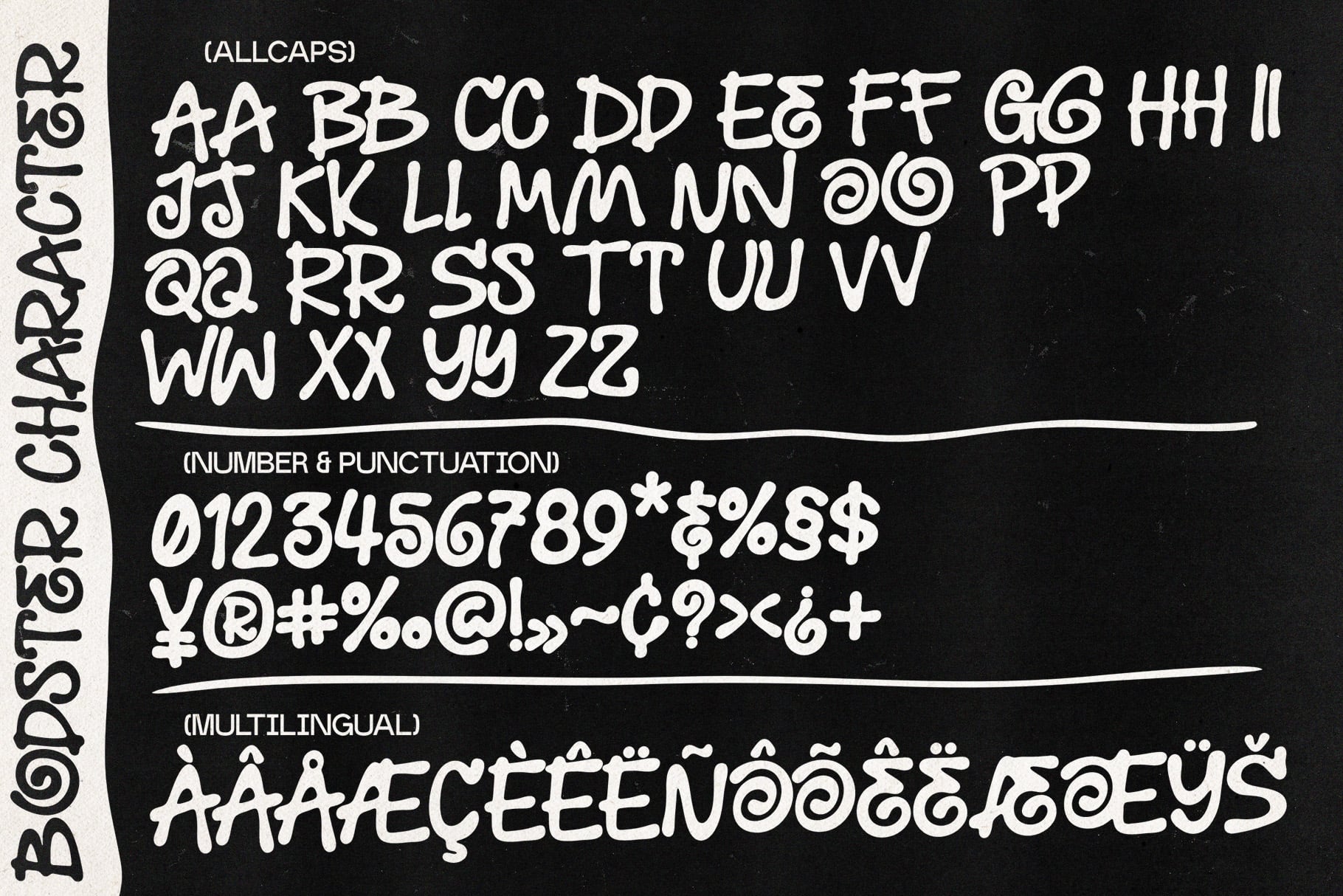 Booster Character font showing full alphabet, numbers, punctuation, multilingual characters on black background