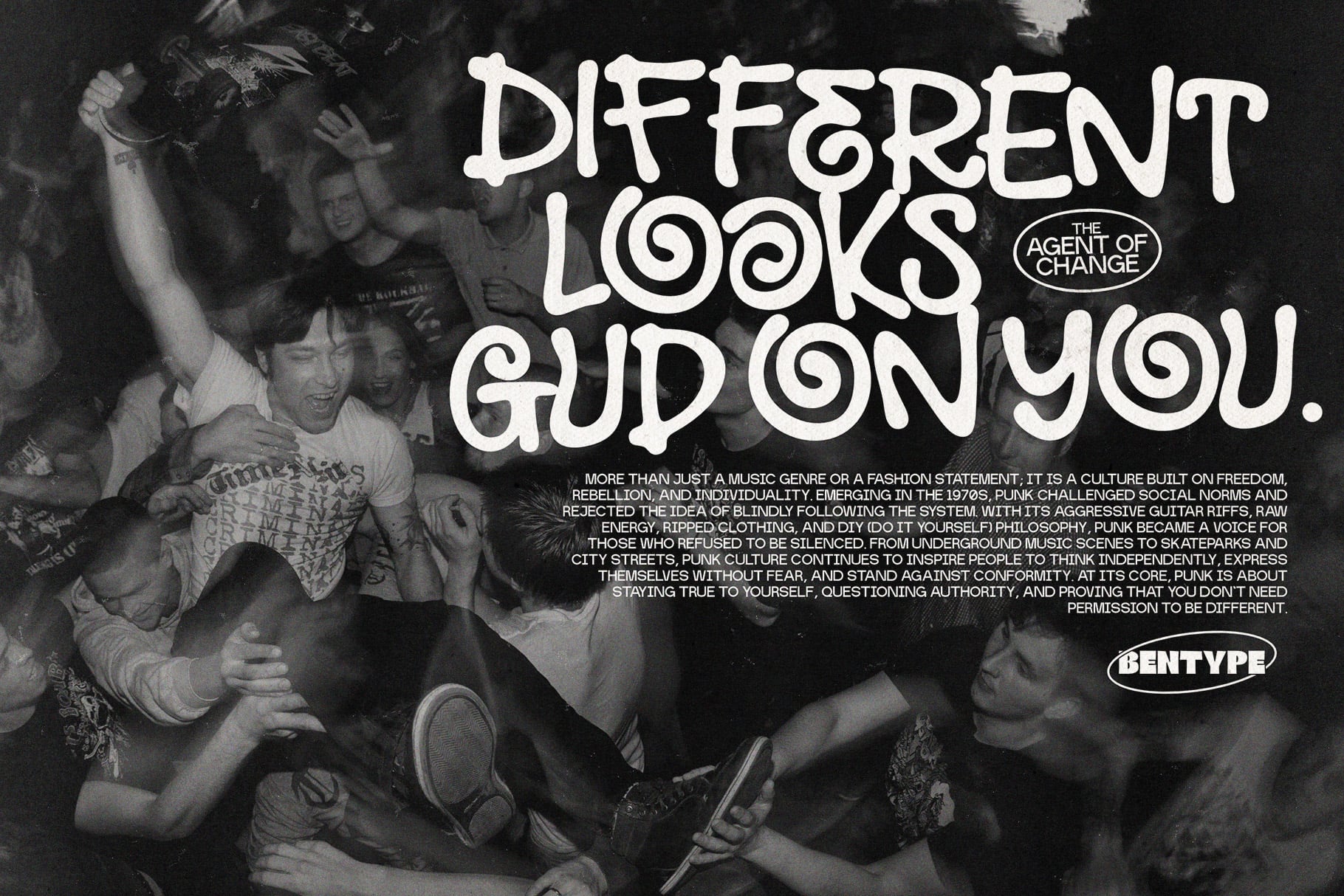 Retro punk poster with bold wavy typography over black white crowd photo, rebellious messaging about individuality