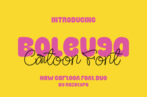 Bright yellow background with magenta rounded sans-serif type overlaid with flowing black script cursive