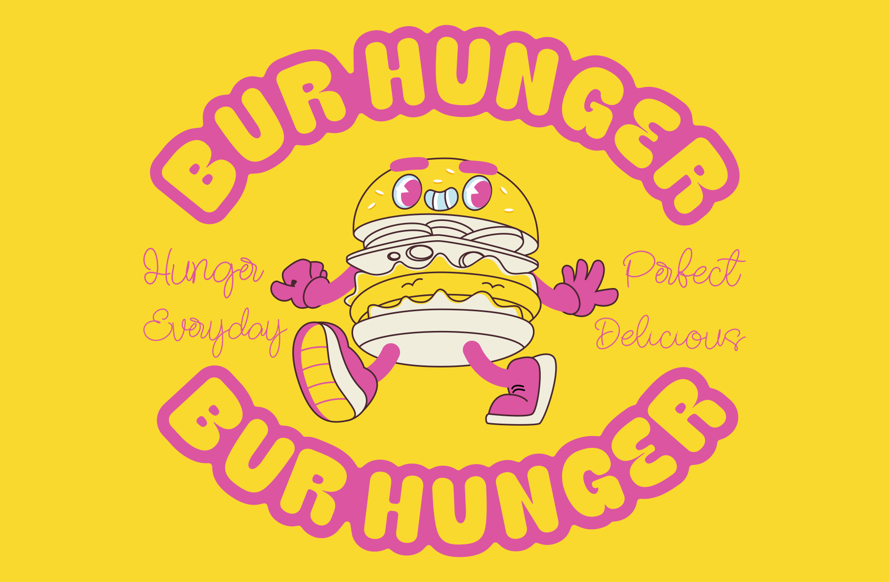 Bouncy burger character with wide eyes surrounded by pink bubble text on bright yellow background