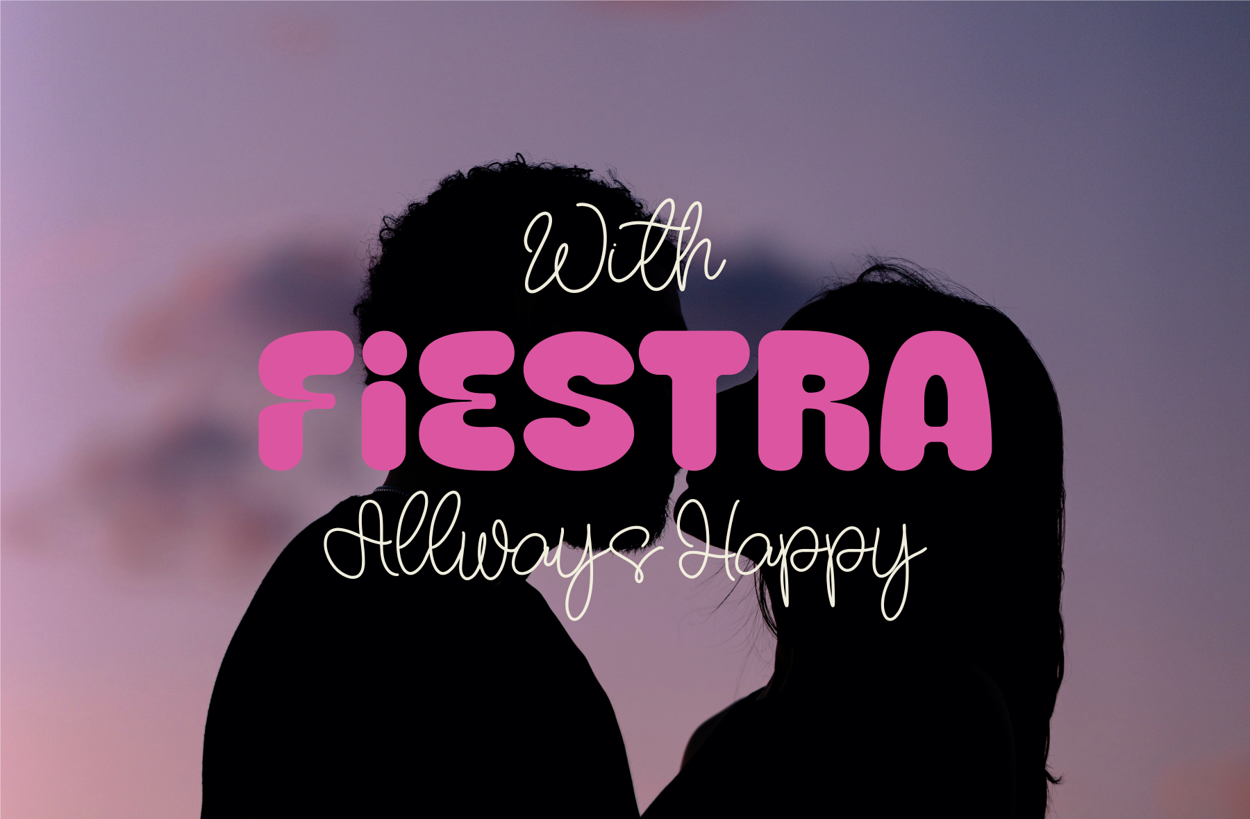 Two silhouettes against purple gradient with bold pink "fiesta" text overlaid in mixed script styles