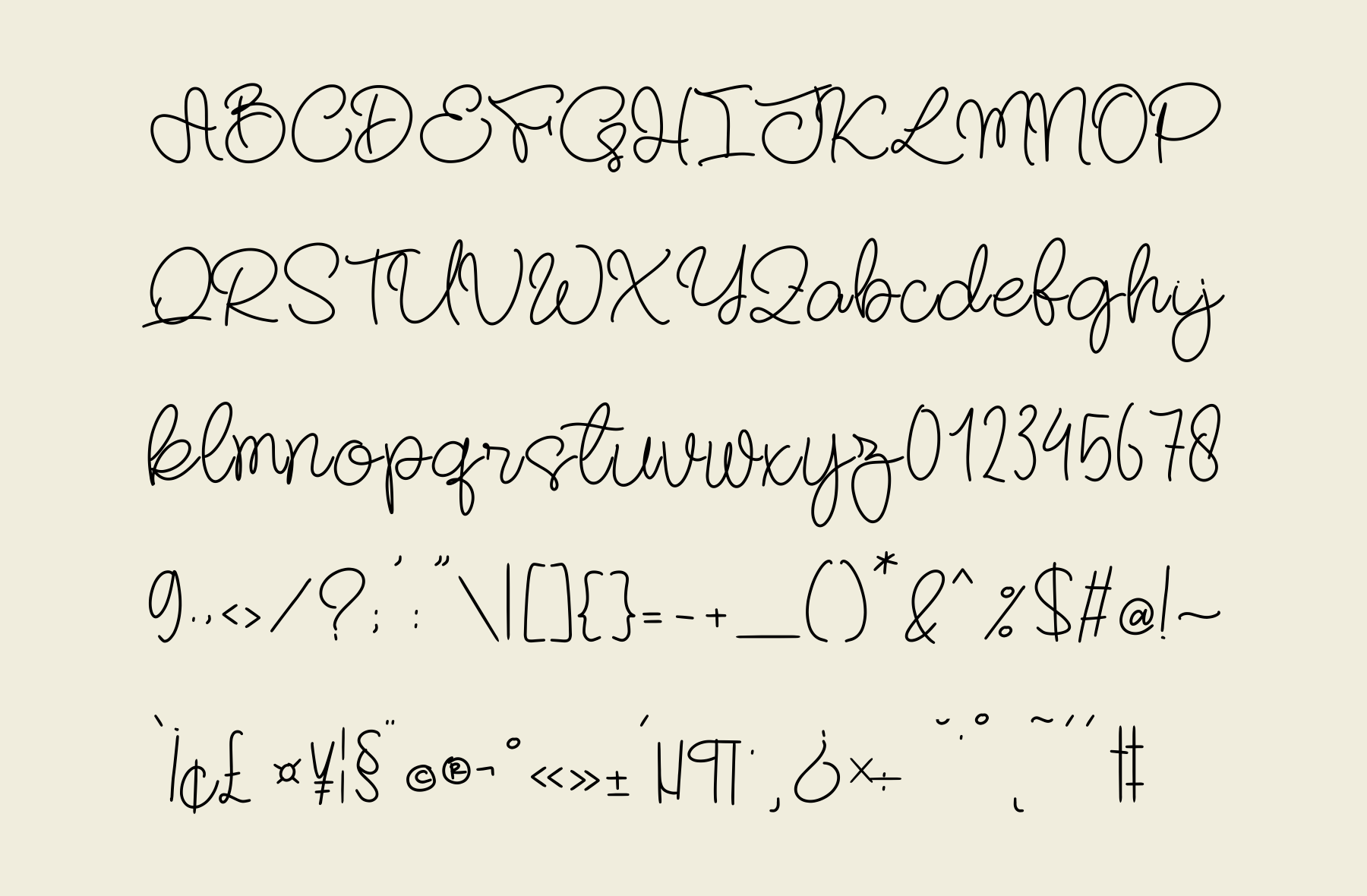 Handwritten script font with uppercase, lowercase, numbers, plus punctuation marks on cream background
