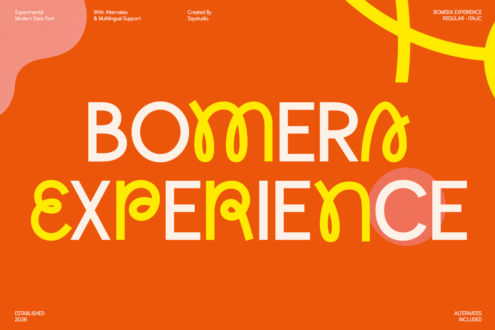 Bomera Experience font display with bold white letters, neon yellow overlays, on vibrant orange background with geometric shapes