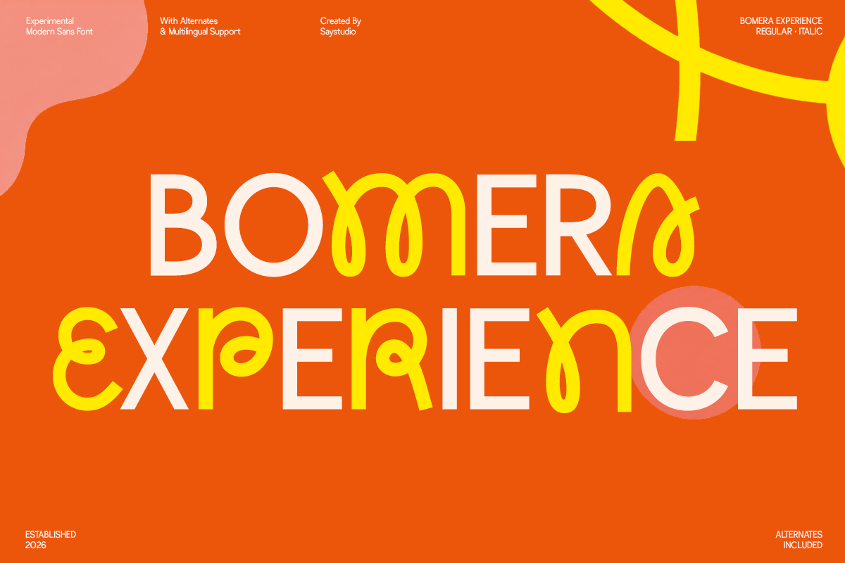 Bomera Experience font display with bold white letters, neon yellow overlays, on vibrant orange background with geometric shapes