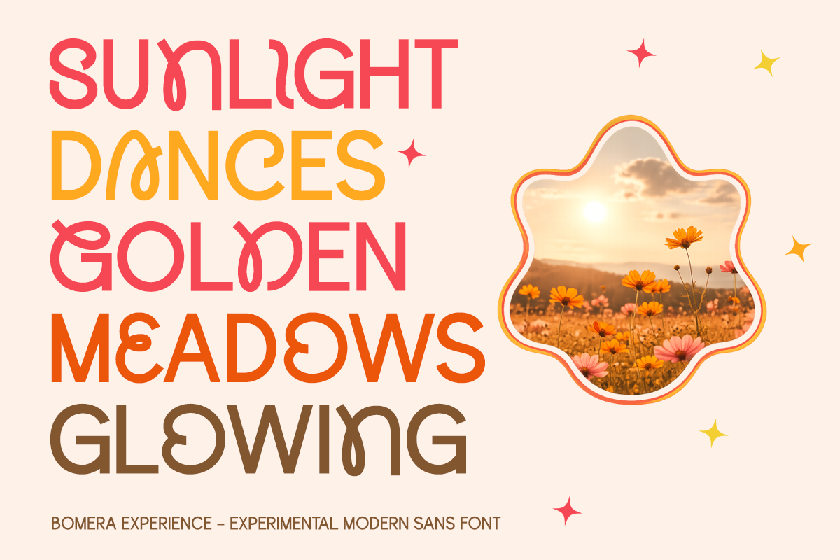 Bomera Experience font display with colorful text over sunny wildflower field photo