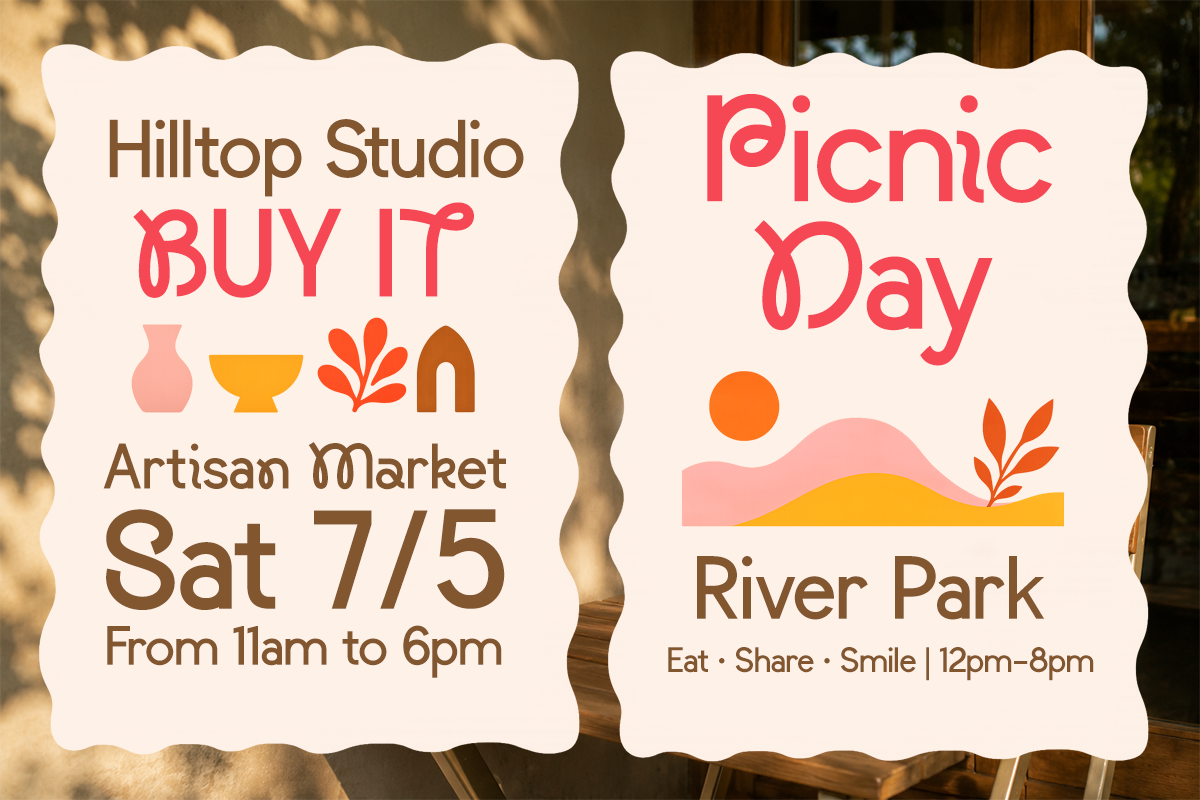 Two event posters with wavy edges showing artisan market sale details in brown serif type with coral handwritten fonts, illustrated icons of vases, bowls, plants