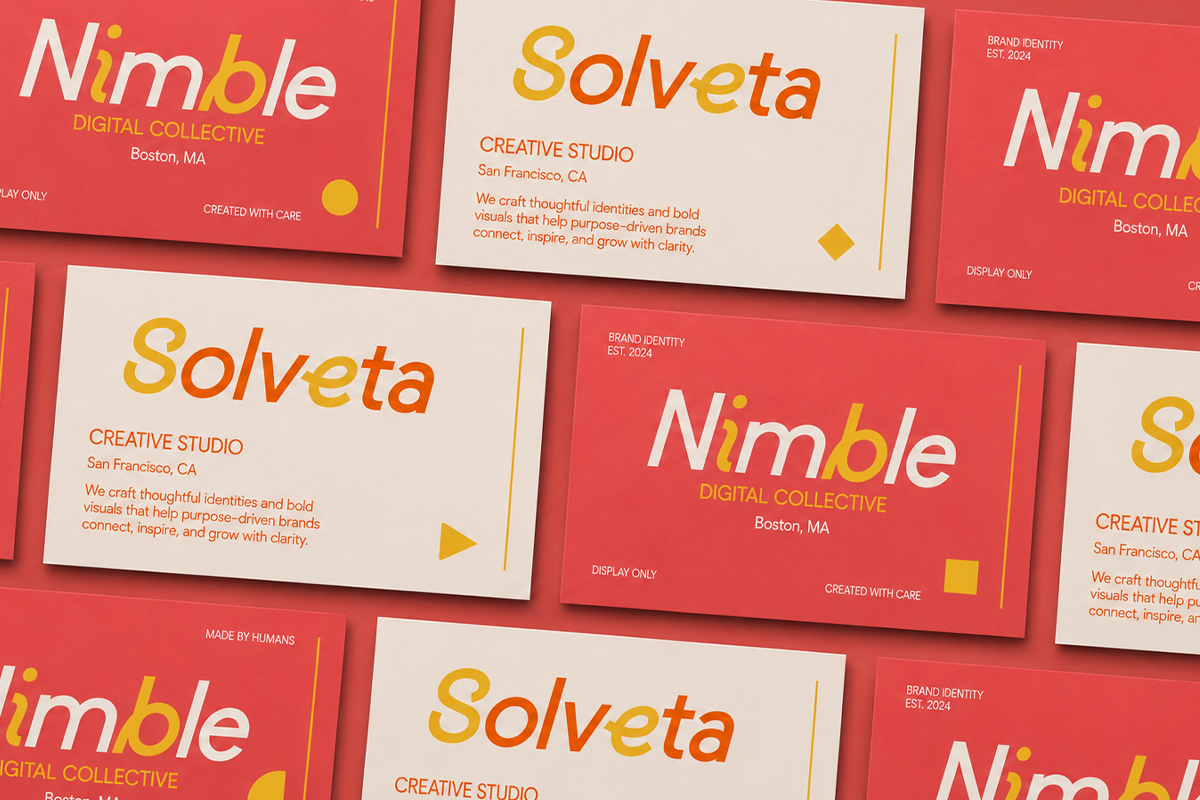 Colorful brand identity mockup showing Nimble plus Solveta business cards in red, cream, gold tones