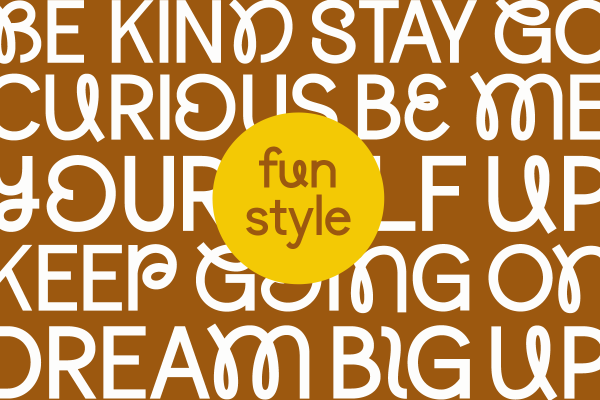 Bright yellow circle with "fun style" text overlaid on brown background covered in motivational typography