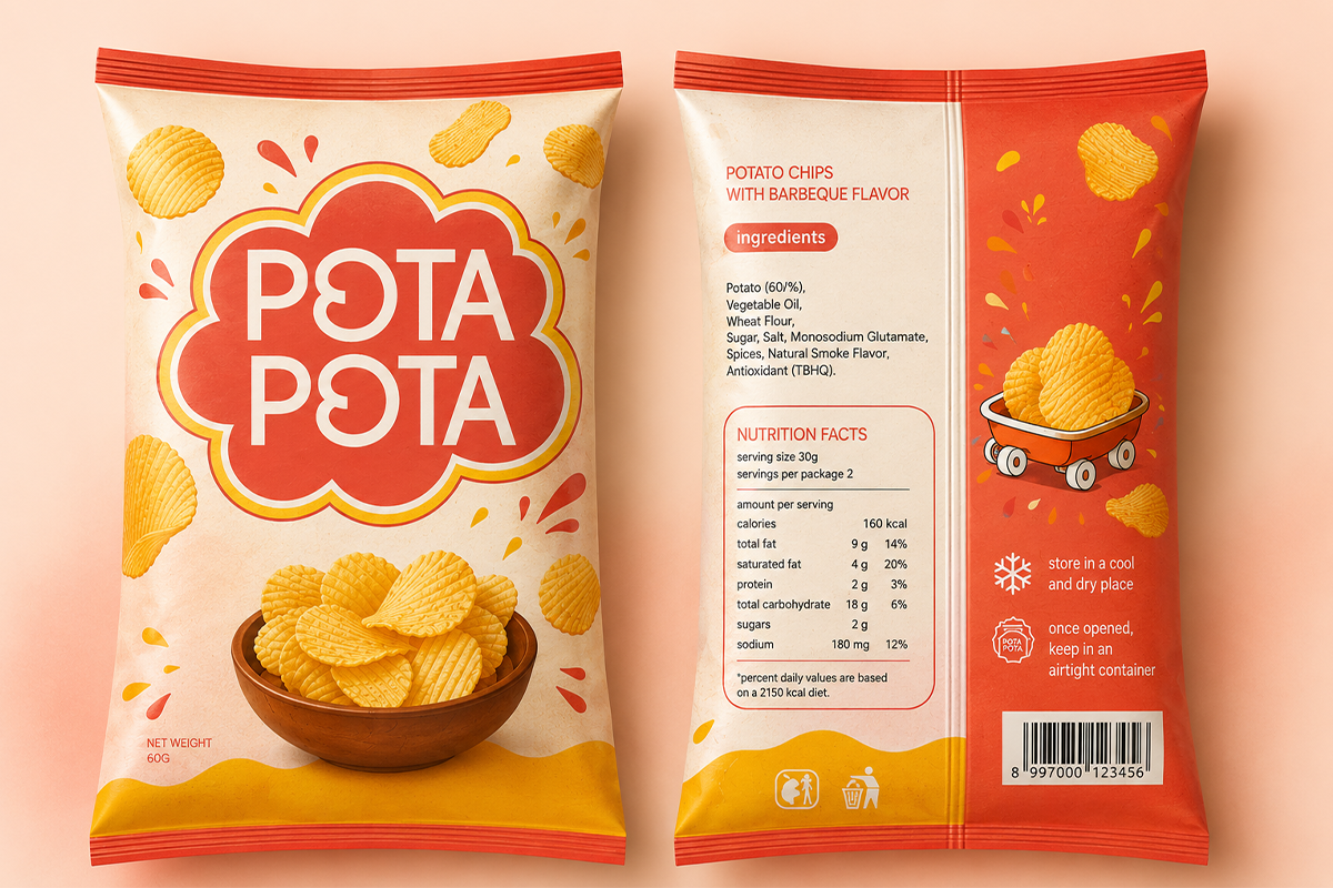 Potato chips bag mockup with red, yellow branding, front back views showing nutritional info