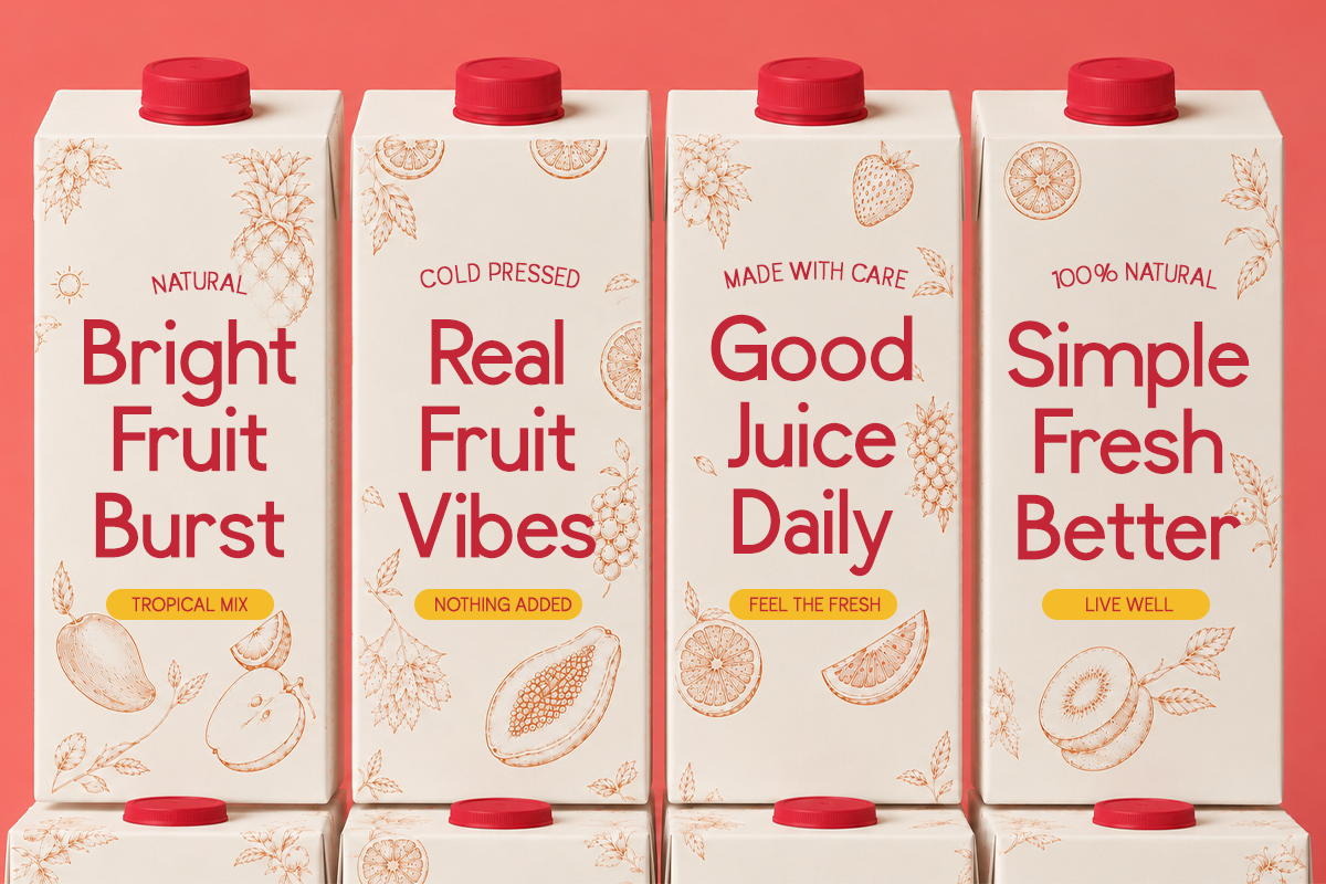 Four juice carton mockups with red caps, cream packaging, line art fruits, red text labels on coral background