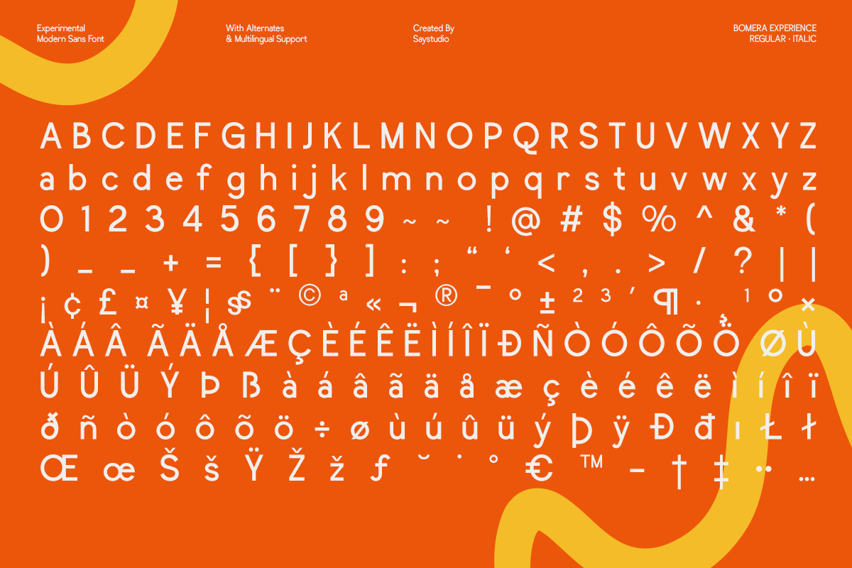 Bomera Experience font specimen showing full character set with alternates on vibrant orange background