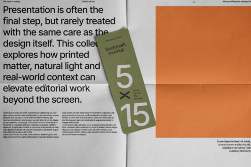 Olive green bookmark mockup shot on open magazine spread with burnt orange background