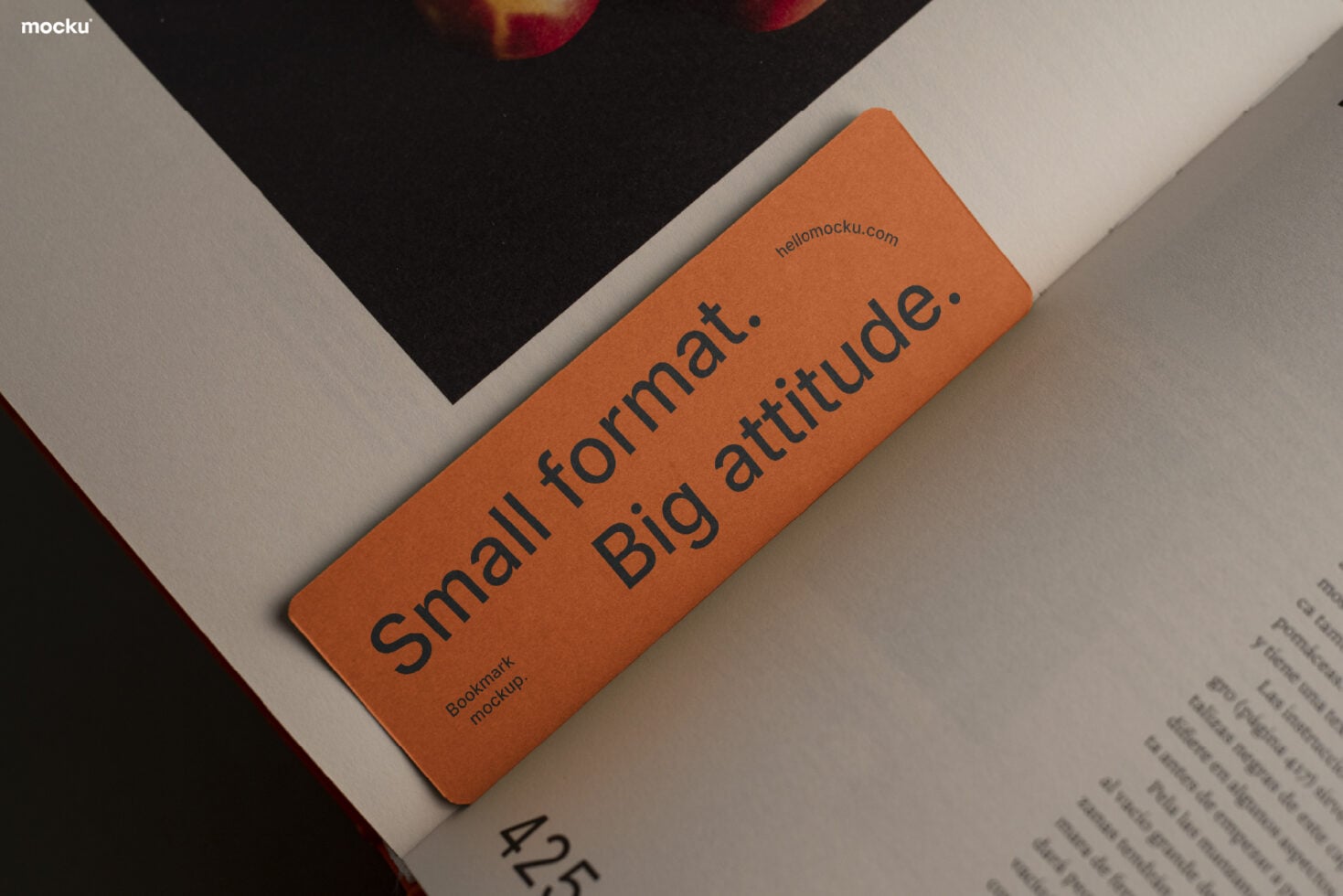 Orange bookmark mockup with dark text on cream background with magazine page