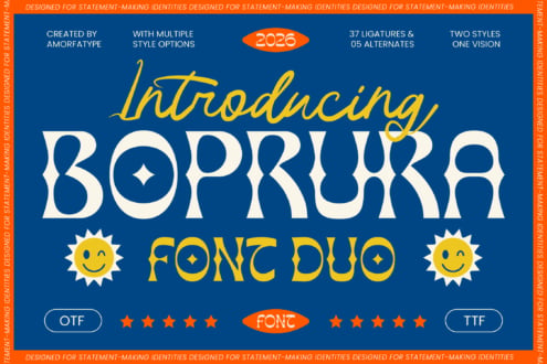 Bobrura font duo with retro vibes, yellow script plus chunky serif, 37 ligatures included