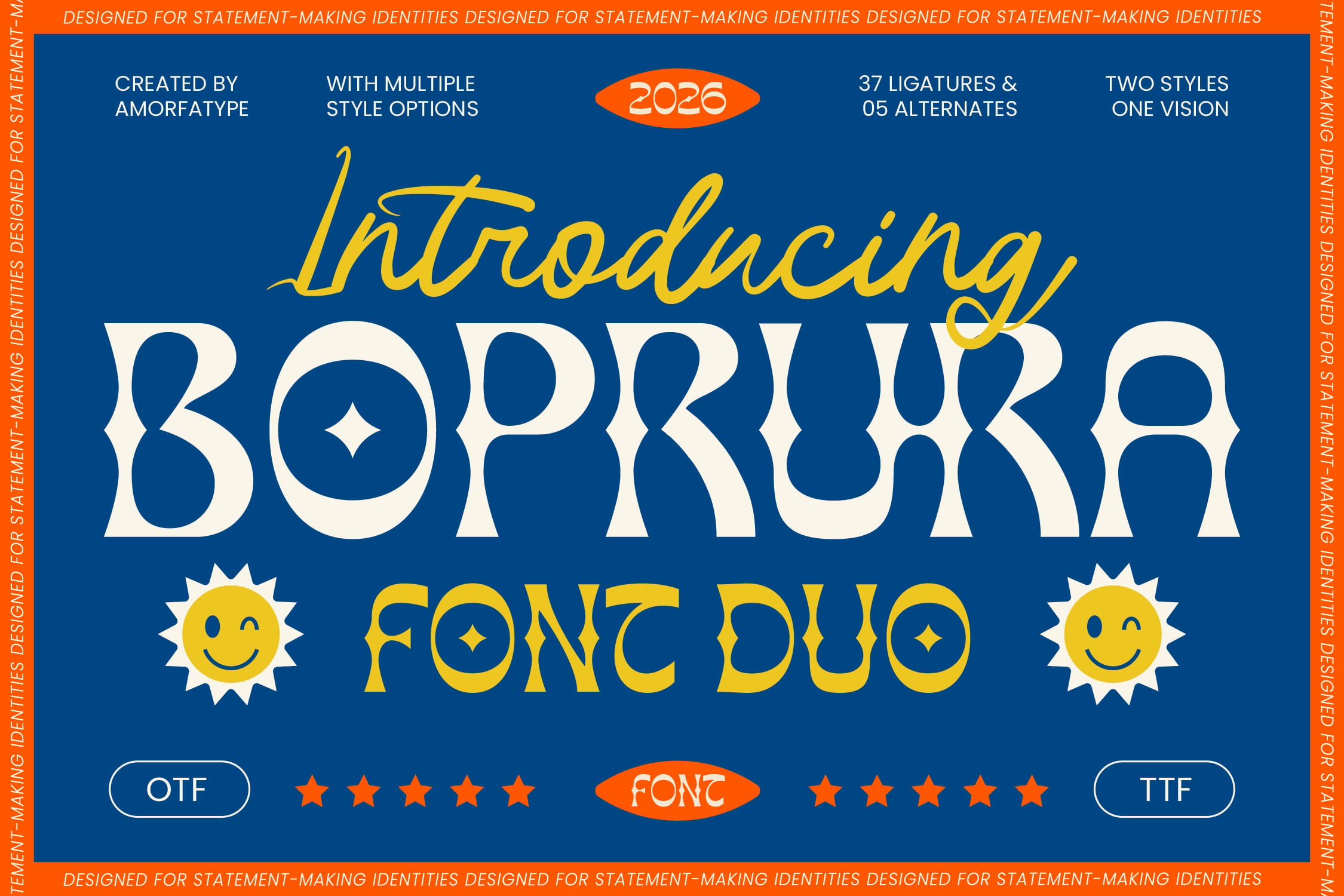 Bobrura font duo with retro vibes, yellow script plus chunky serif, 37 ligatures included