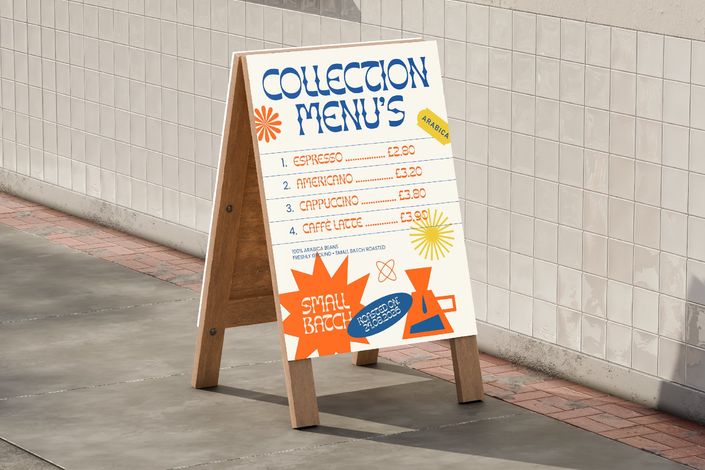 Wooden A-frame sidewalk sign displaying a retro coffee menu with blue lettering, orange accents, plus geometric shapes against white background