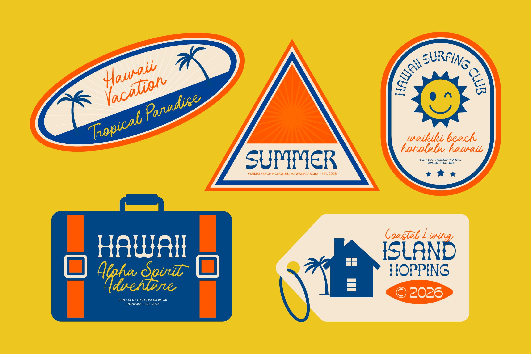 Retro Hawaii travel sticker pack with surfing club badges, vintage suitcase, tropical labels on bright yellow background