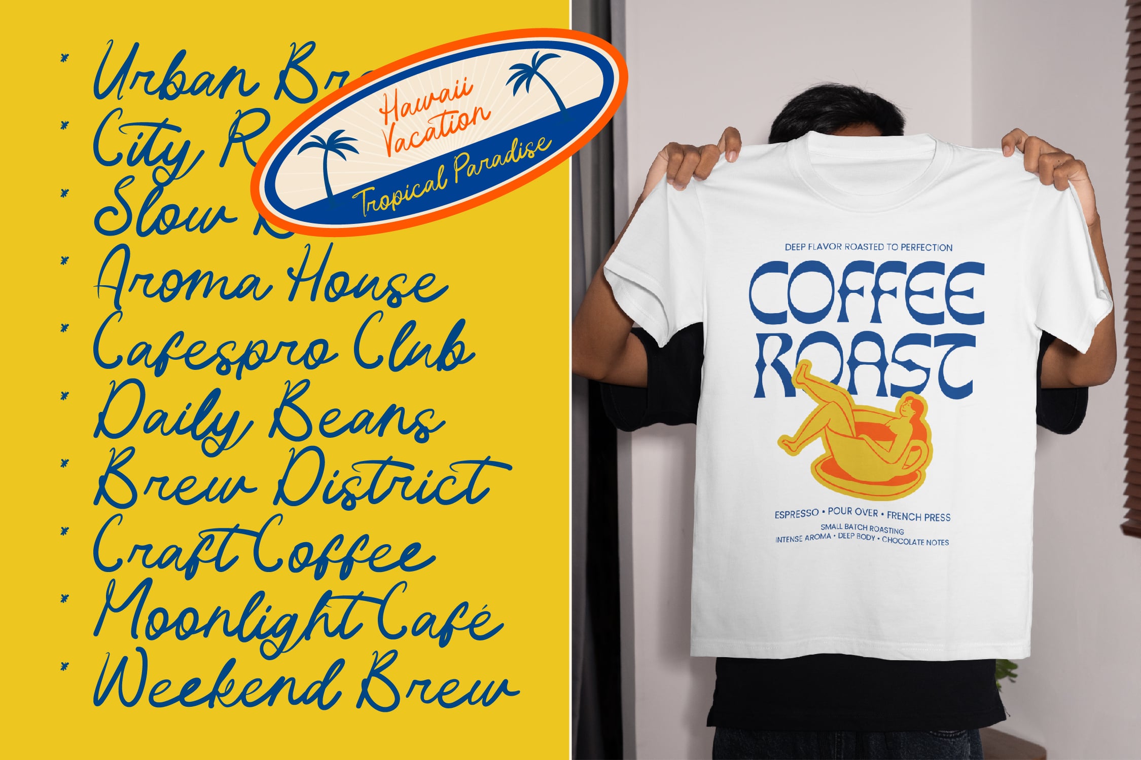 Retro coffee roast tee mockup with vintage badge, person holding white shirt showing blue typography plus illustrated cup graphic