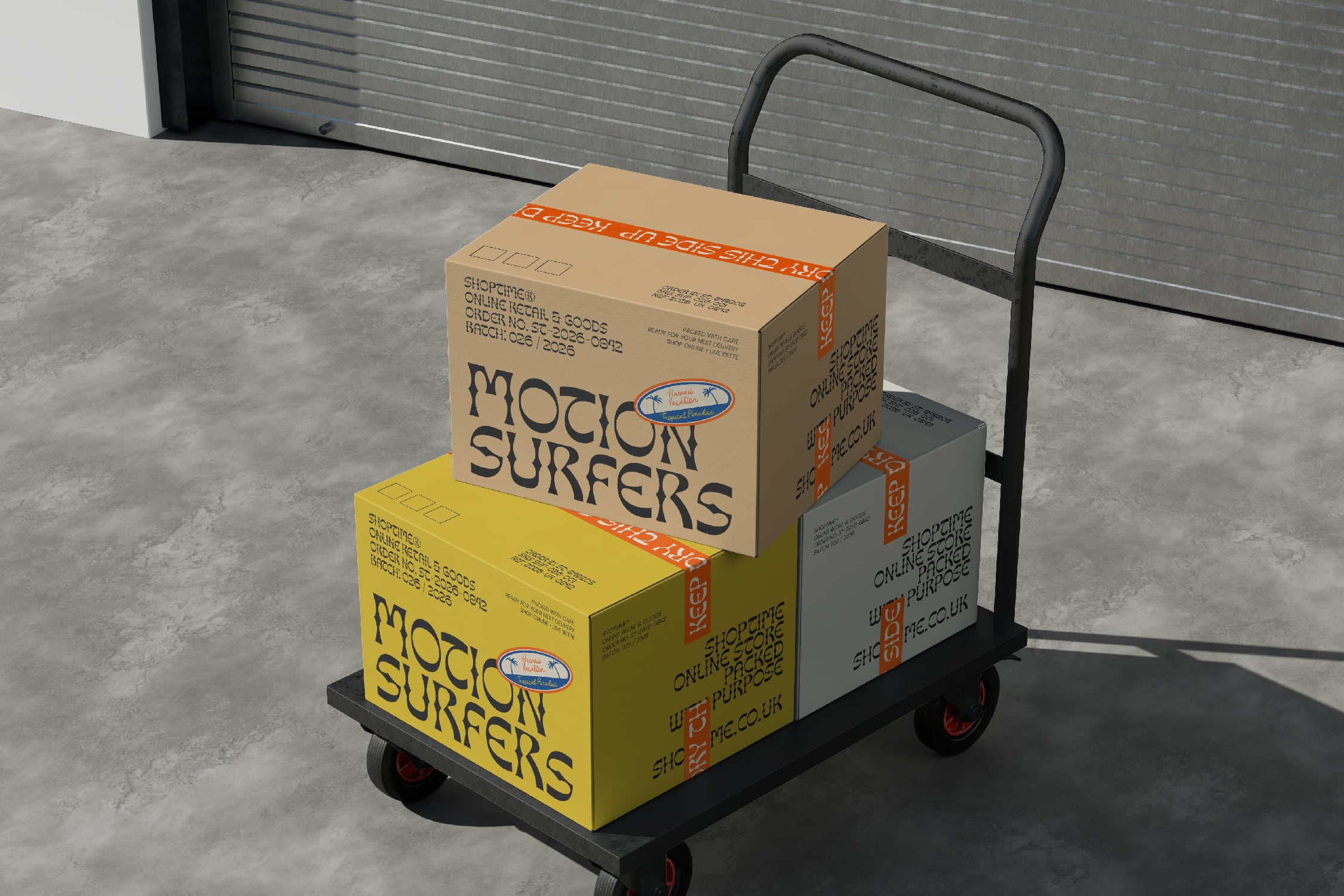 Stacked shipping boxes on hand truck in industrial garage space