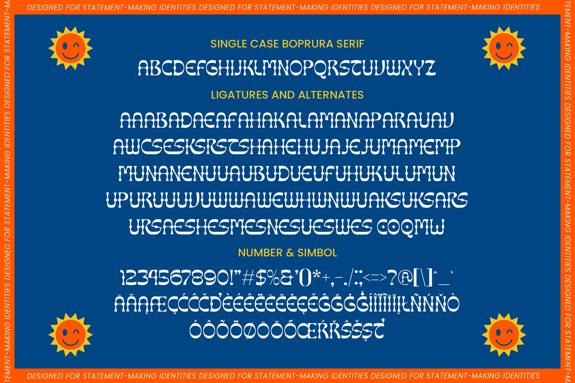 Boprura serif font specimen with playful smiley suns, ligatures, alternates, numbers, symbols on blue