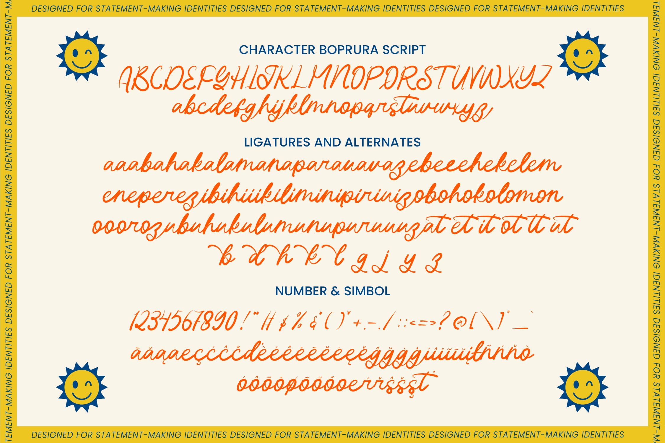 Character Boprura Script font specimen showing orange italic letters, ligatures, numbers with cheerful smiley sun icons