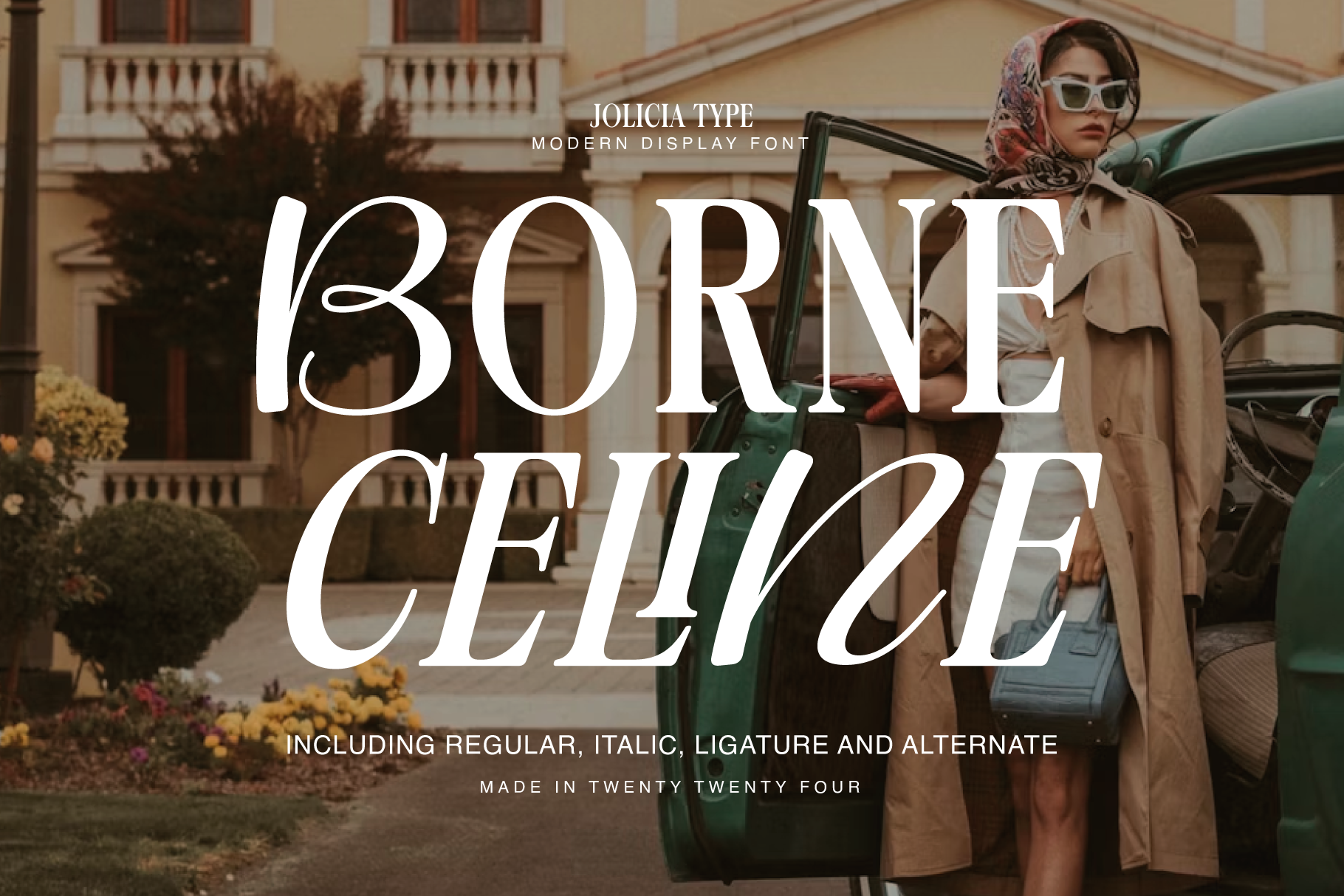Jolicia Type modern display font shown in elegant serif style on luxury lifestyle scene with woman in sunglasses