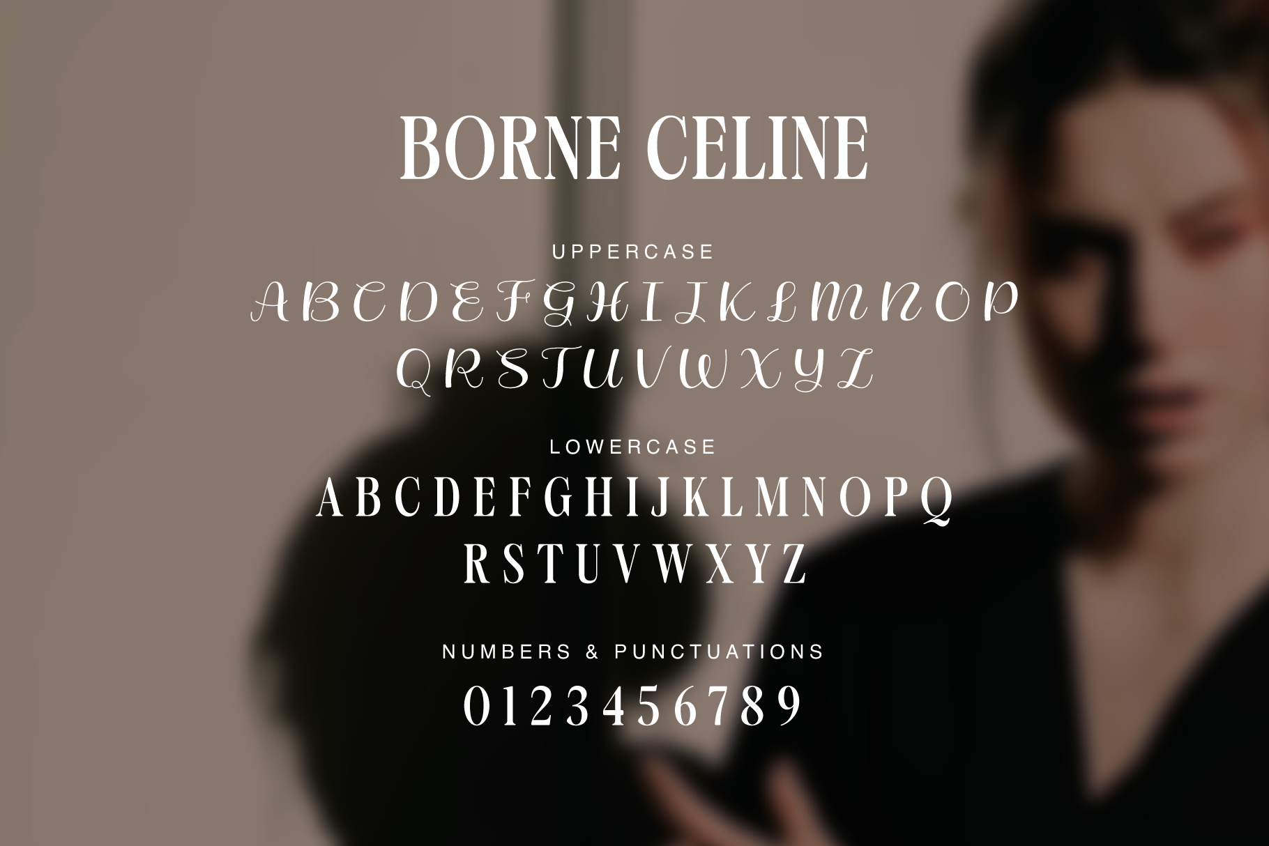 Borne Celine serif font displaying uppercase, lowercase, numbers with elegant styling over blurred background