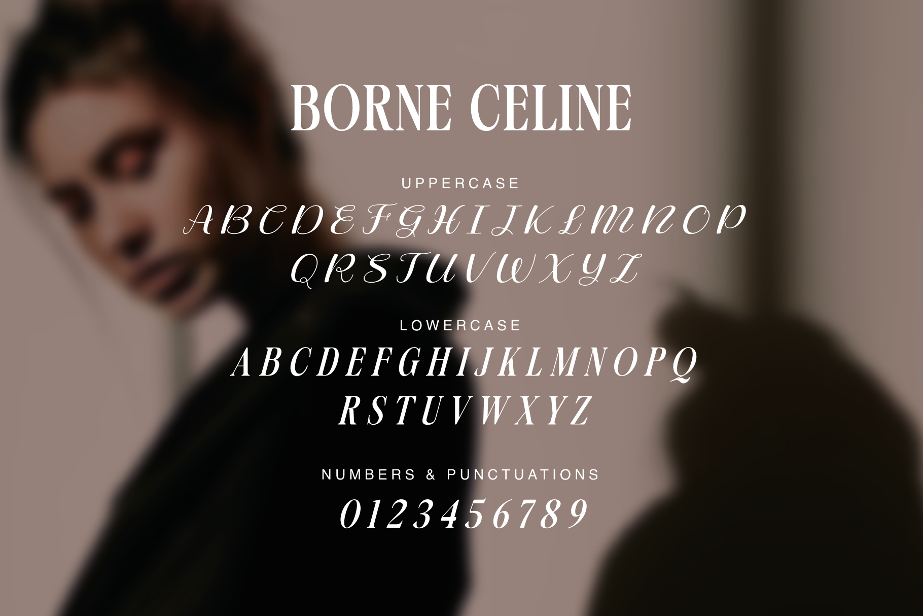 Borne Celine elegant serif font showing uppercase, lowercase, numbers with blurred portrait background