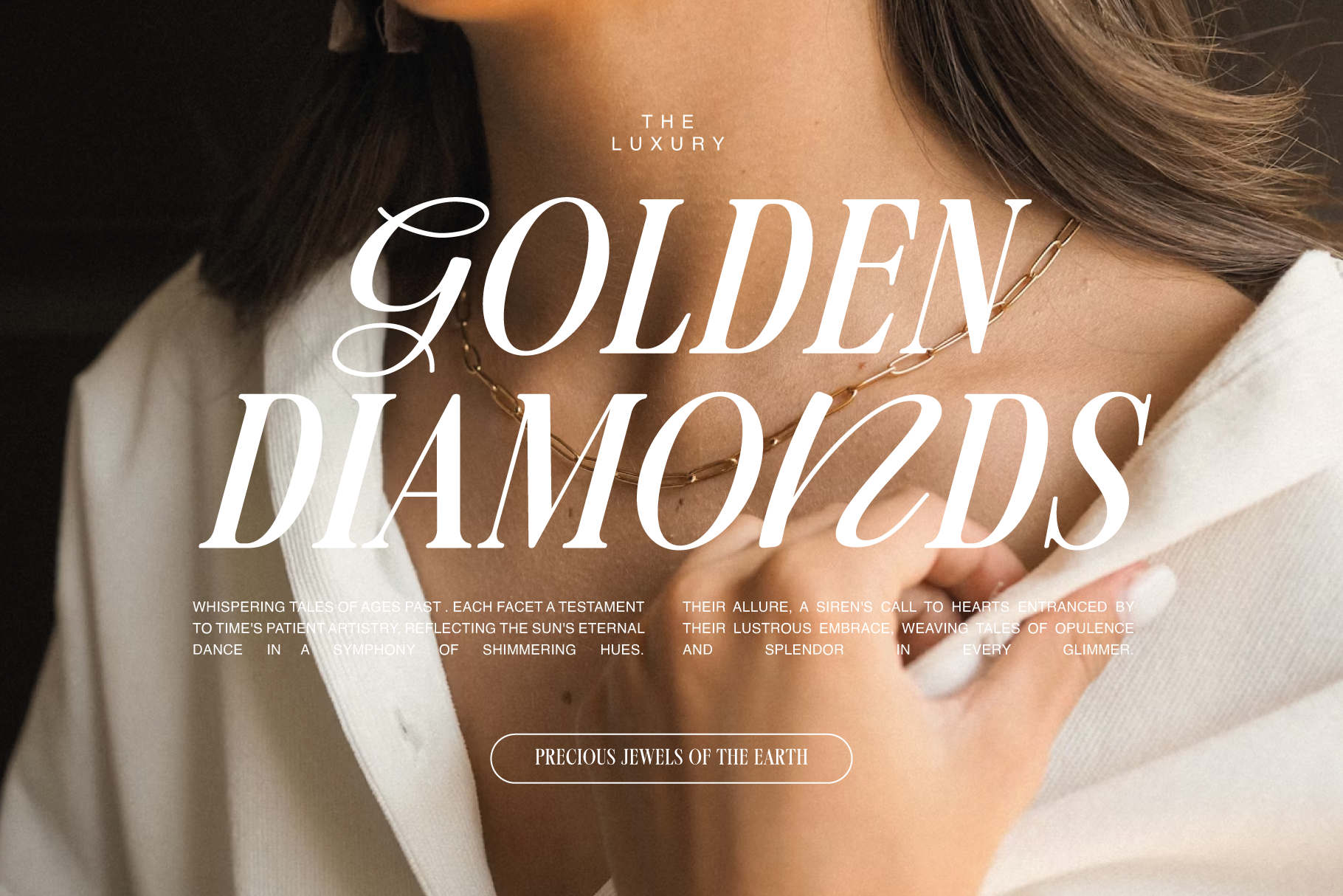 Luxury jewelry website hero with woman wearing delicate gold necklace, elegant serif typography overlay