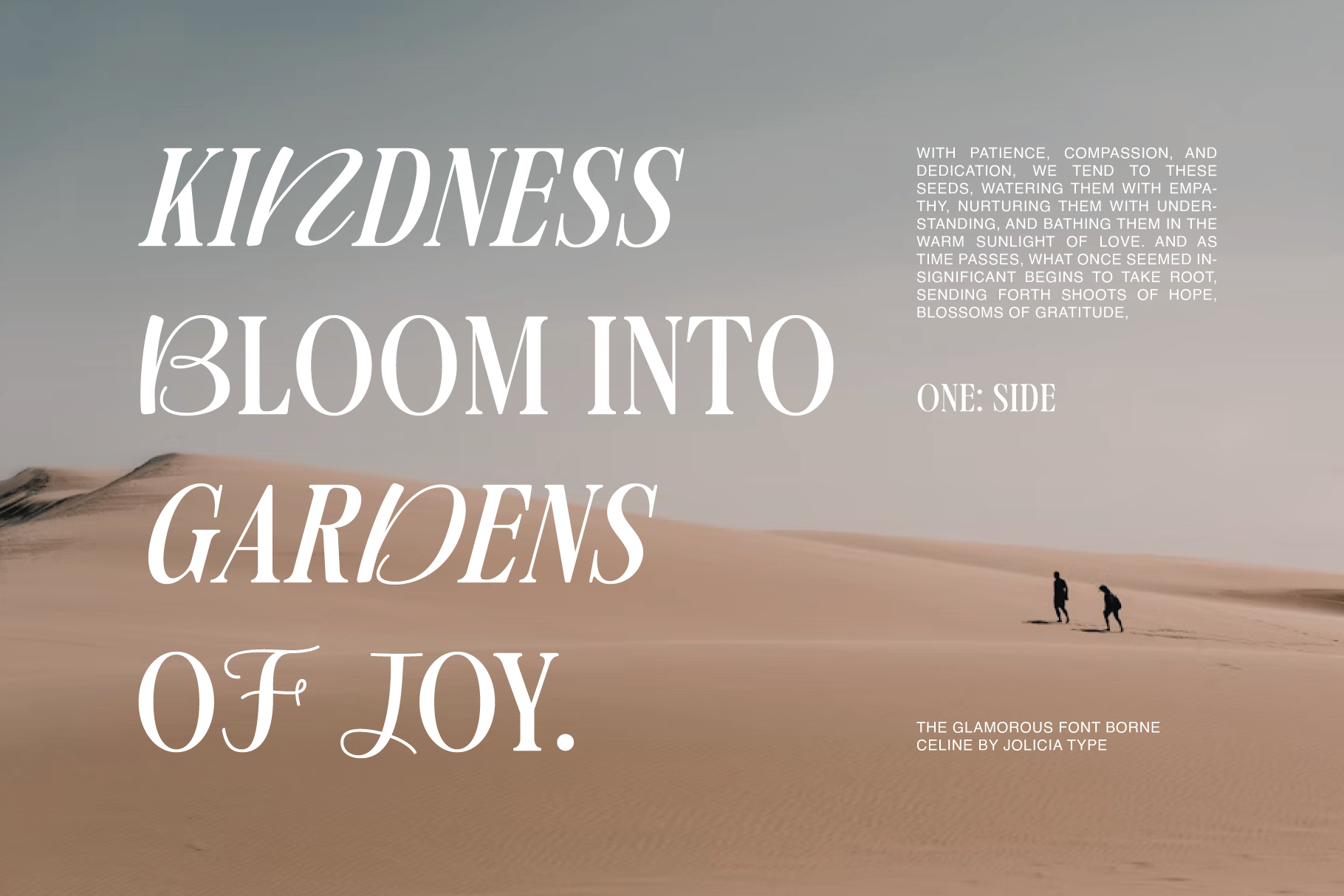 Kindness bloom into gardens of joy typography mockup over desert landscape