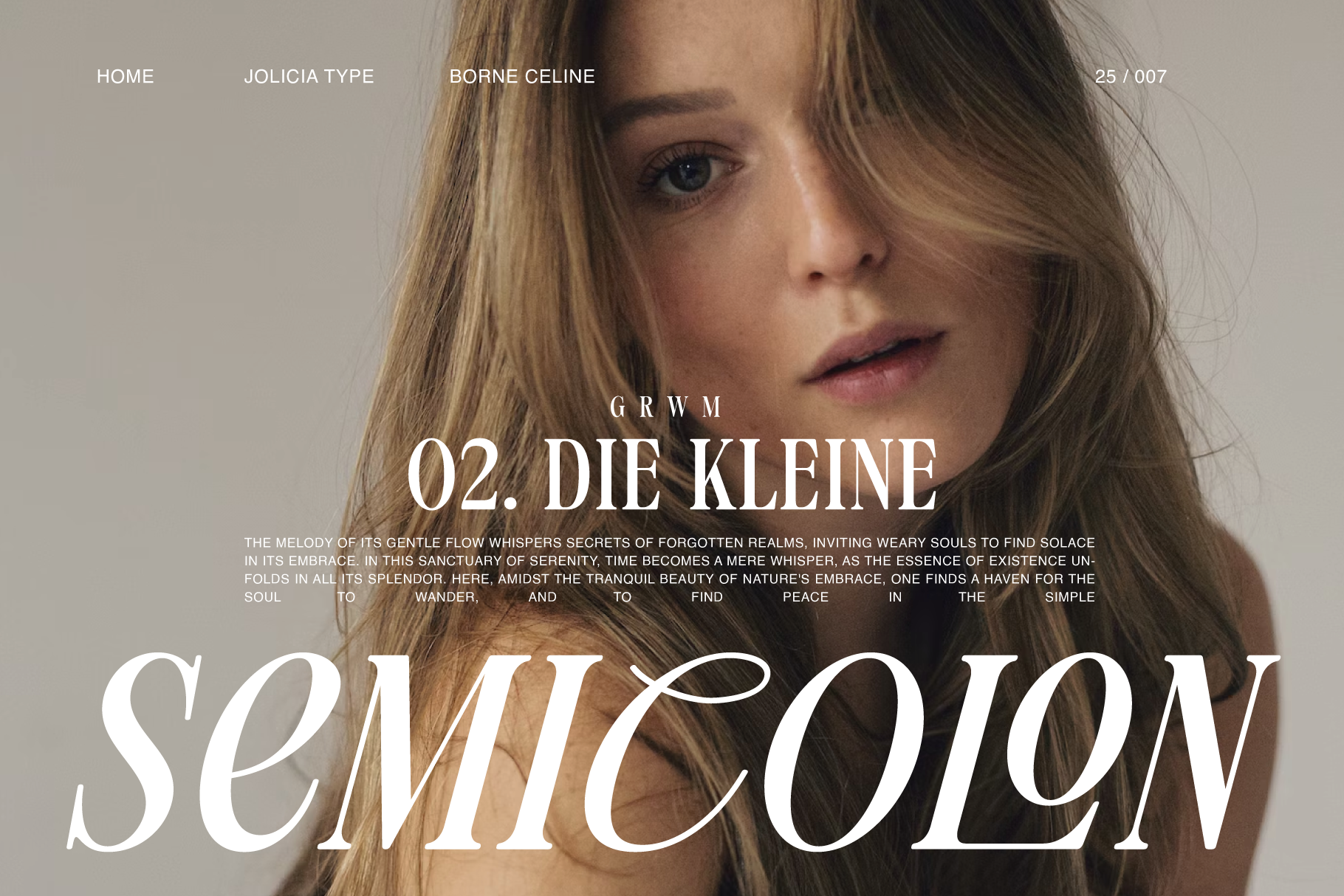 Minimalist fashion website mockup with elegant serif typography overlaid on portrait photo of woman with blonde hair
