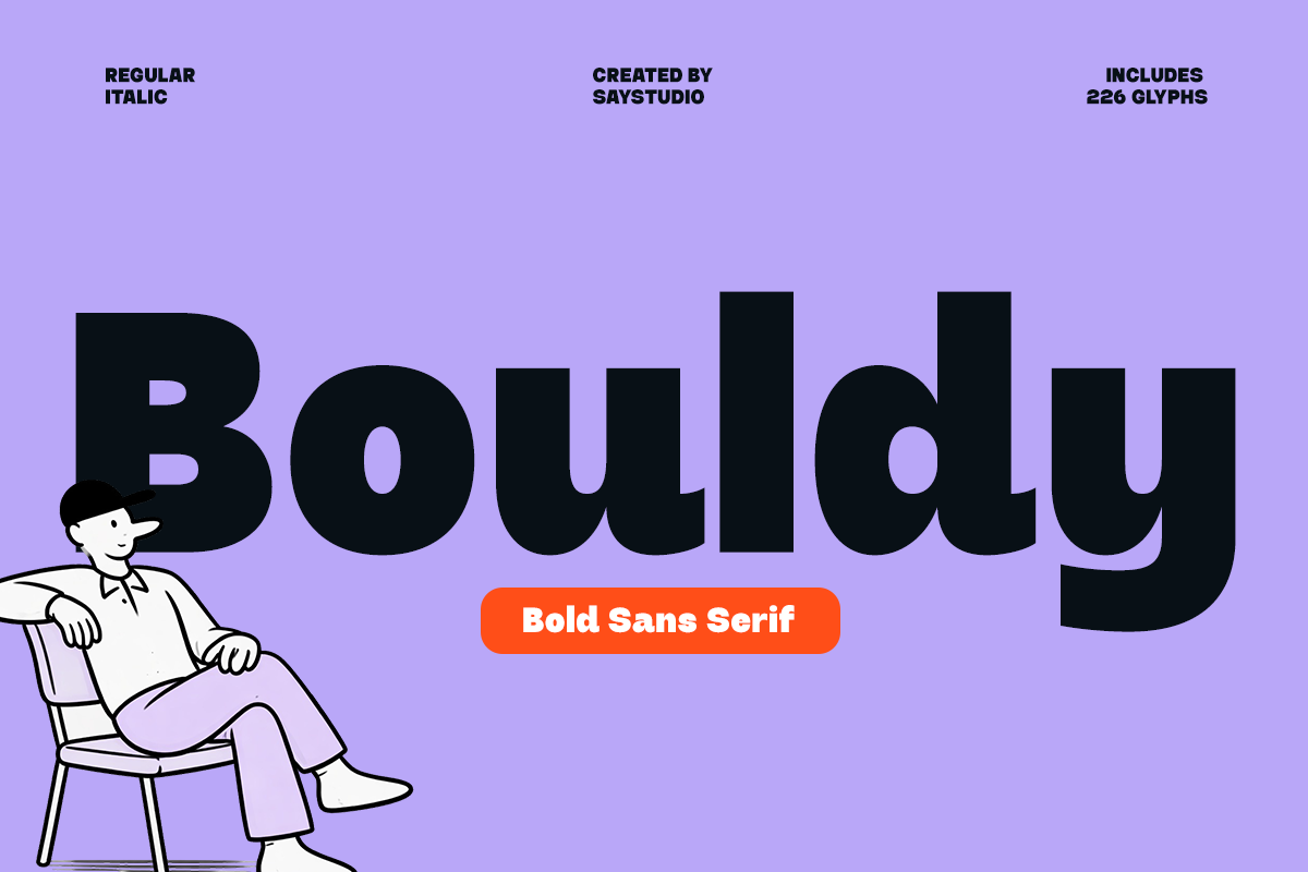 Bold sans serif font in italic with chunky black letters on lavender background, 226 glyphs