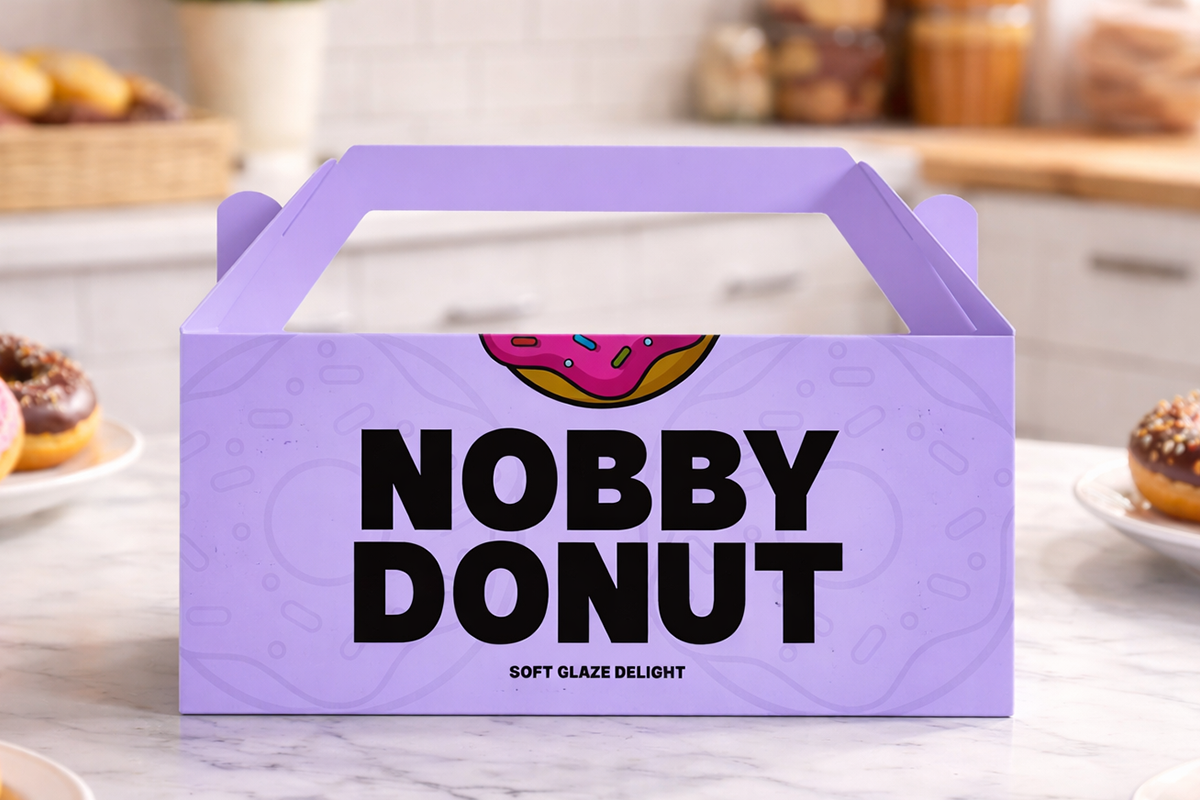 Bright purple bakery box mockup with "NOBBY DONUT" branding, donuts in background on marble counter