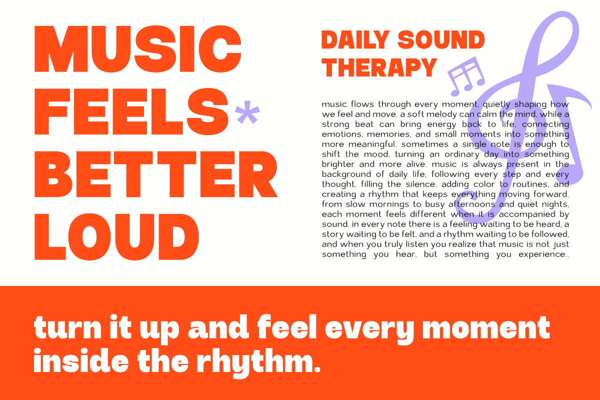 Music feels better loud poster with daily sound therapy copy in red orange with purple ribbon graphic