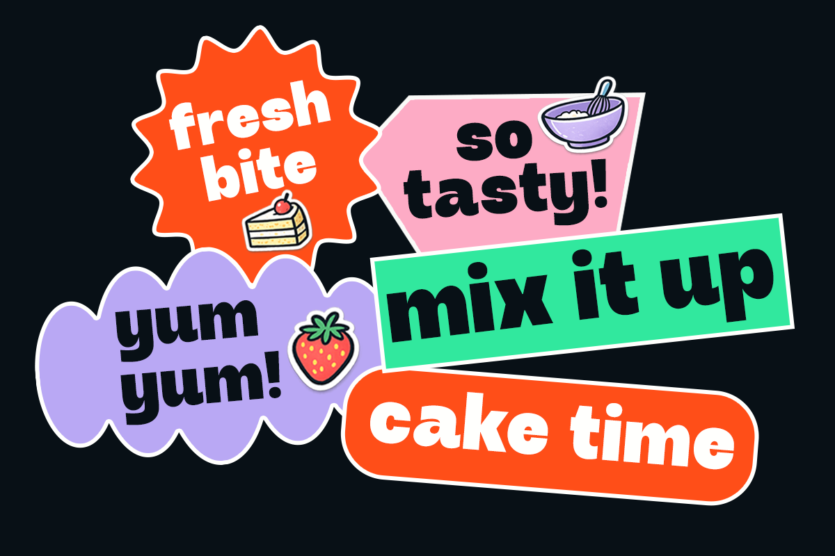 Colorful retro food sticker pack with playful text labels, bowls, cake, strawberry illustrations on dark background