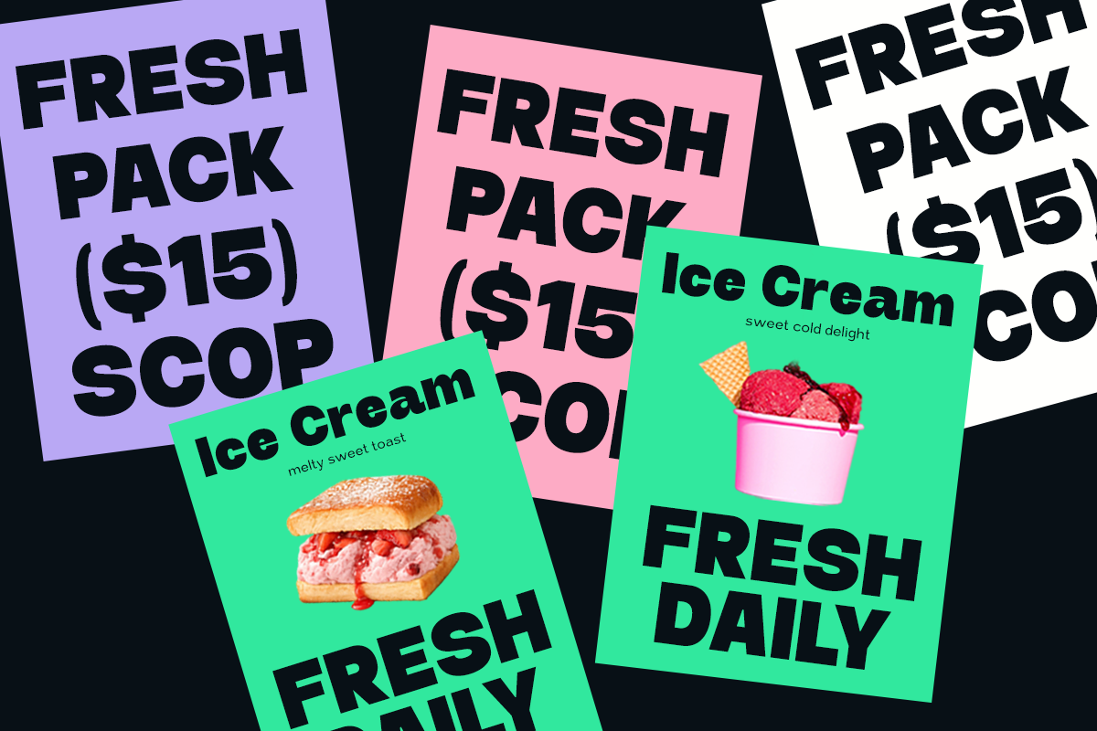 Bright neon posters stacked showing ice cream shop branding with bold typography, pastels, taglines on black background