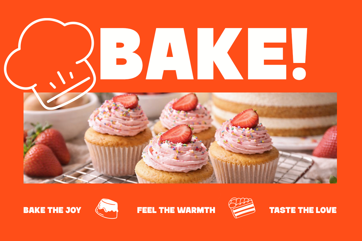 Strawberry cupcakes with pink frosting on cooling rack, bright orange bakery poster mockup