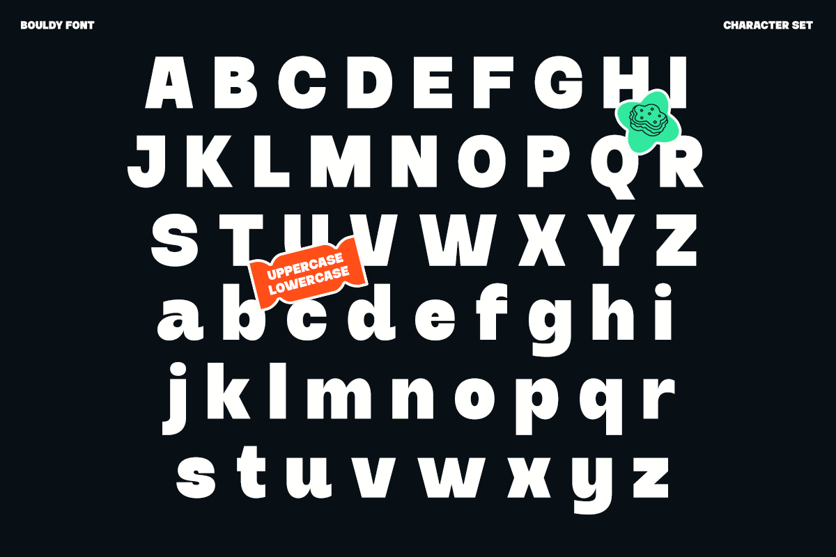 Chunky sans serif font showing uppercase, lowercase letters with playful character badges