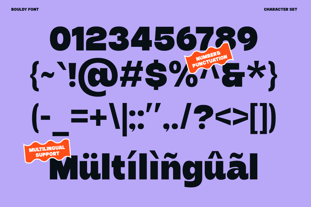 Bouldy Font character set showing numbers, punctuation, symbols with multilingual support on lavender background