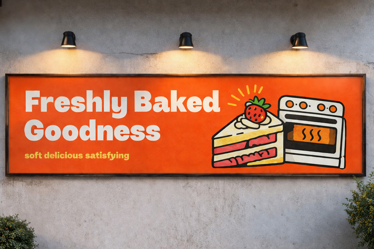 Bright orange bakery sign with cake slice, oven, strawberry. Retro diner vibes with bold typography lit by three pendant lamps